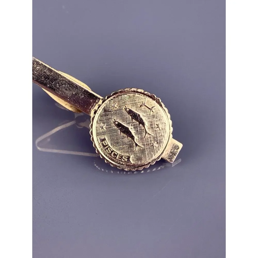 Pisces Fish Water Tie Clip Bar Gold Tone Astrology Sign Zodiac Horoscope Vintage
